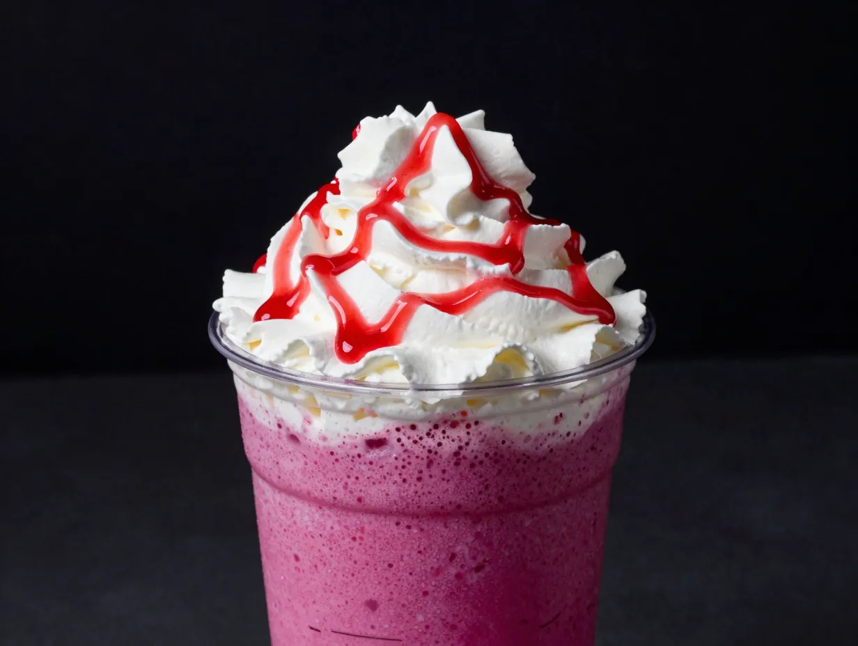 Squid game frappuccino geometric strawberry drizzle whipped cream