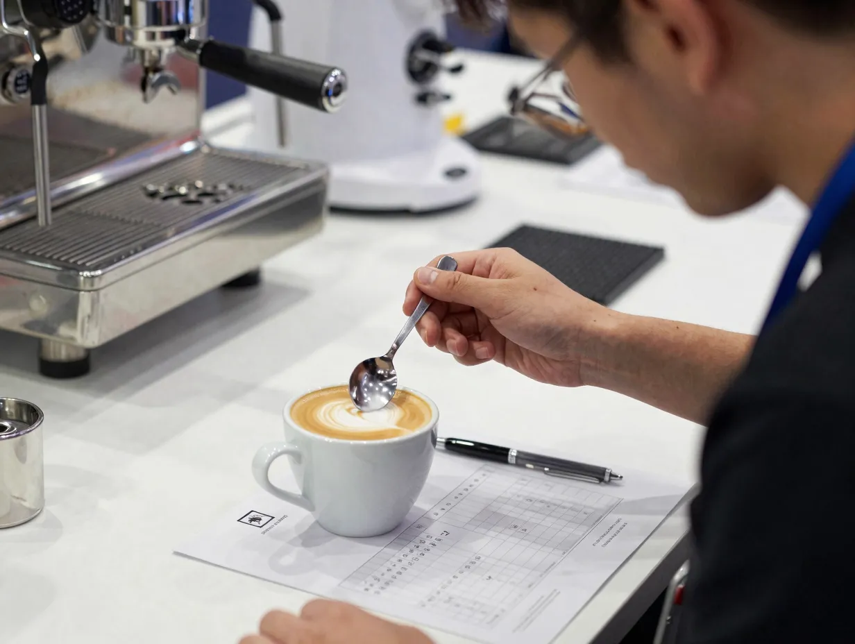 Barista competition judge evaluating a perfectly made flat white