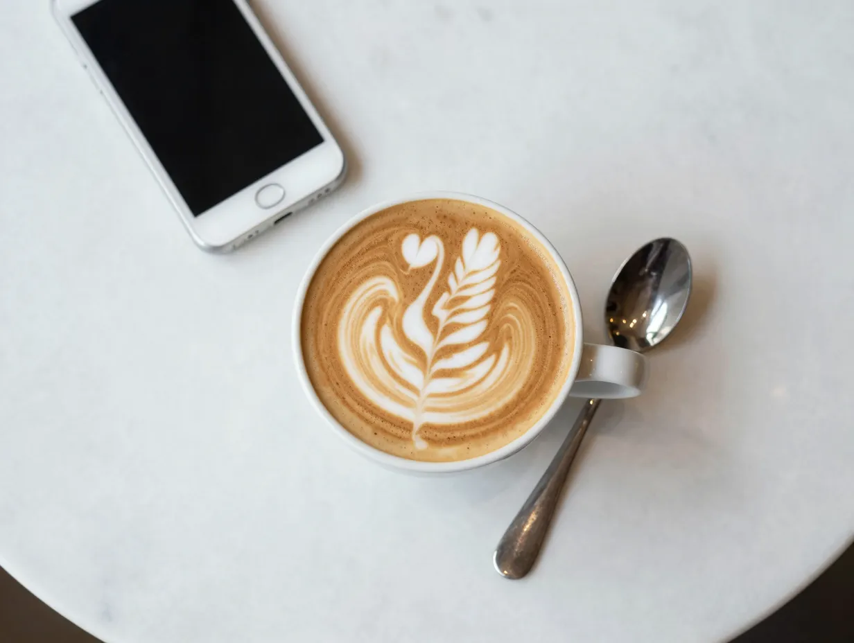 Instagrammable flat white with latte art on a marble table