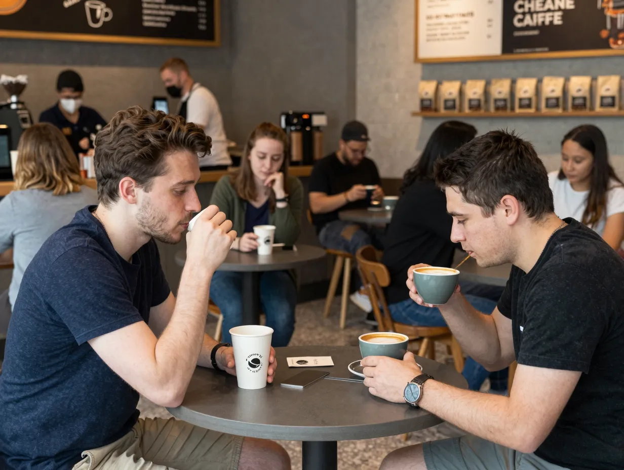 Casual and enthusiast customers enjoying flat whites together