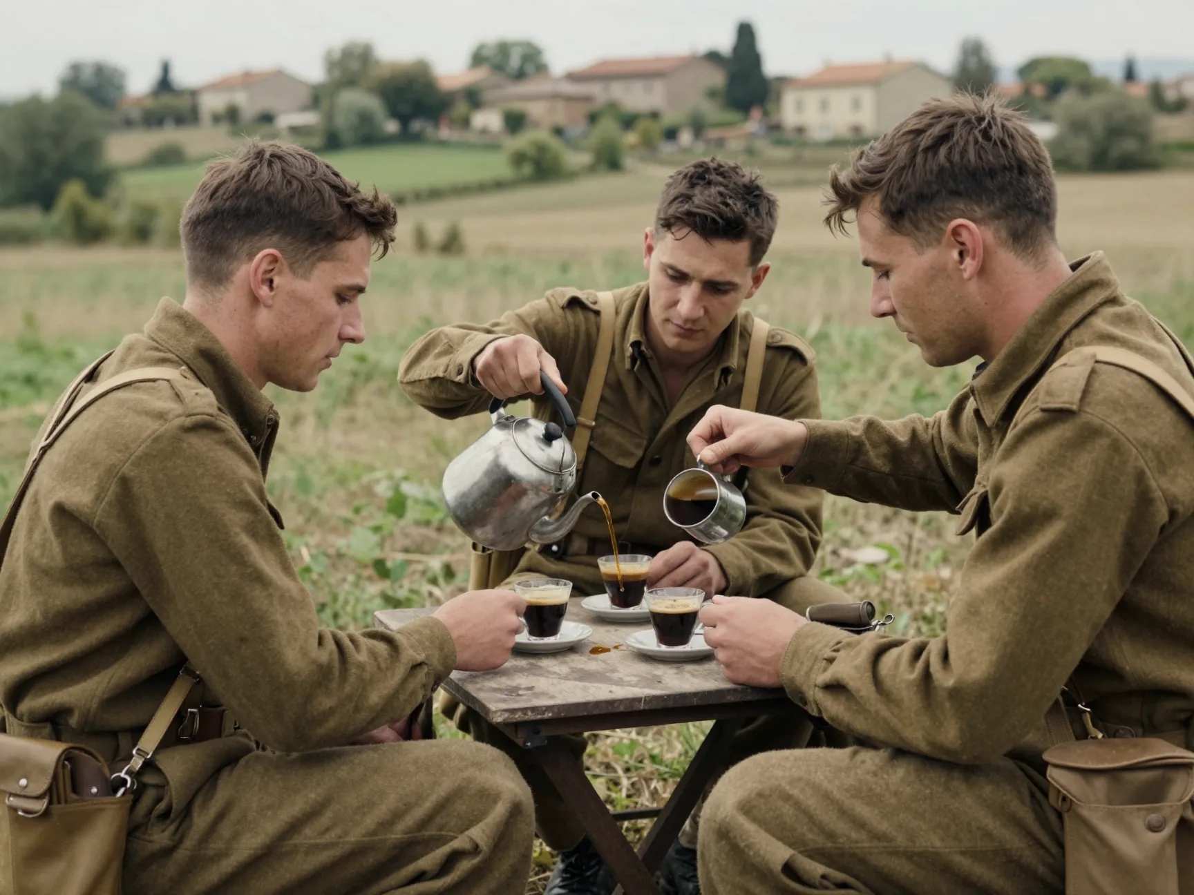 World war two soldiers in italy diluting espresso in a field