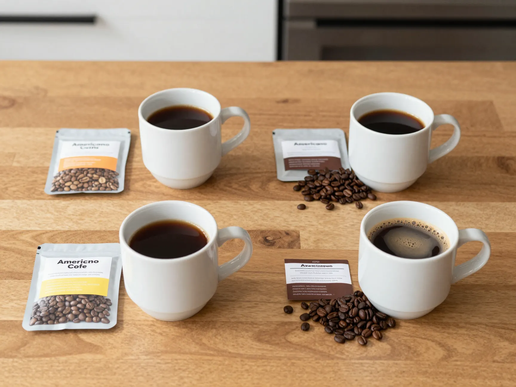 Four cups of americano showcasting different bean roast flavors