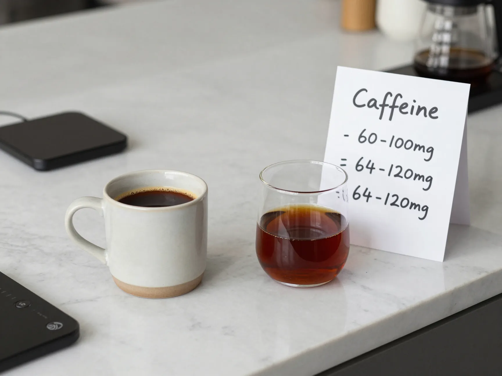 Caffeine comparison chart beside an americano and drip coffee