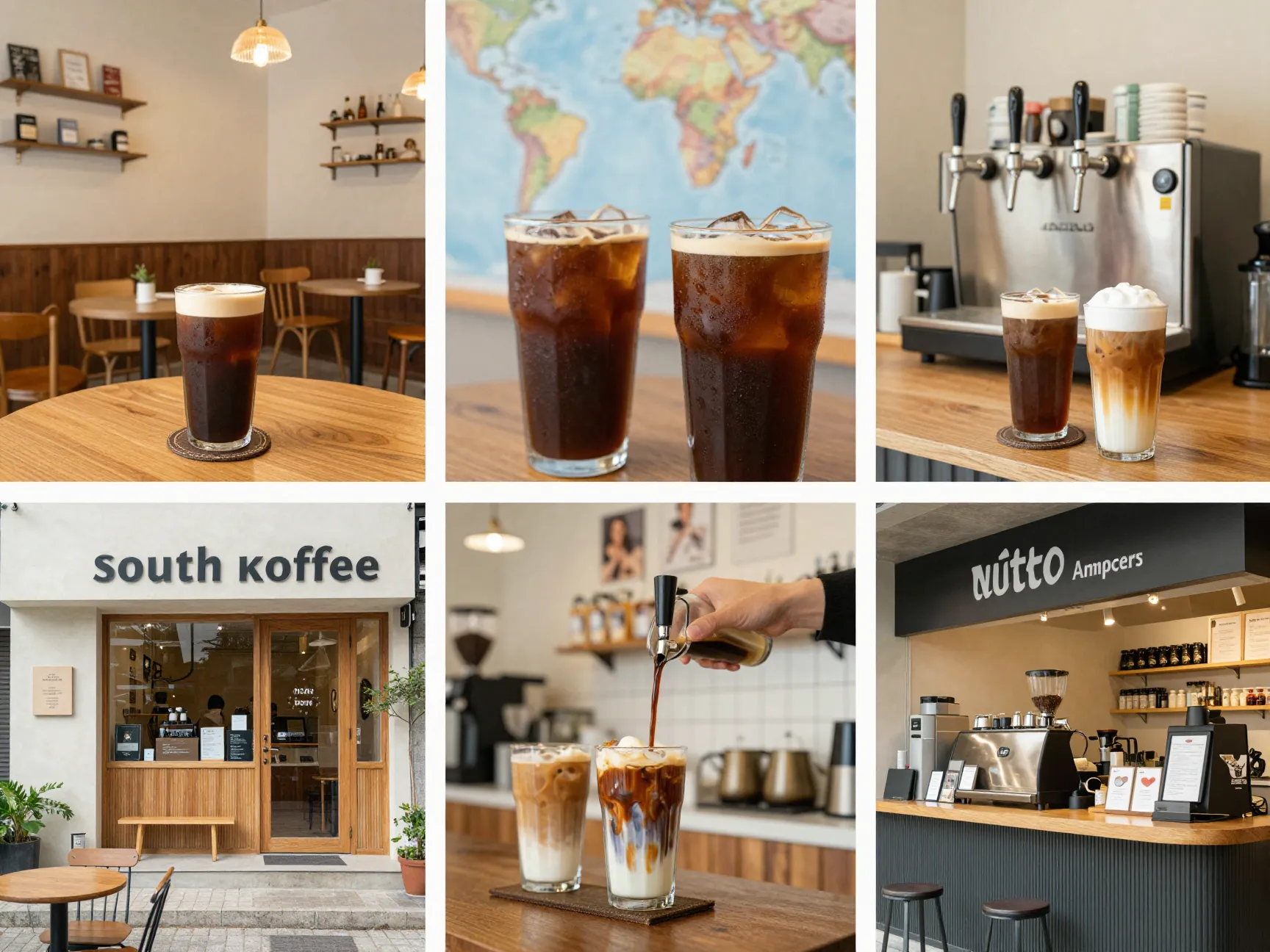 Global coffee shop scenes featuring iced and nitro americanos