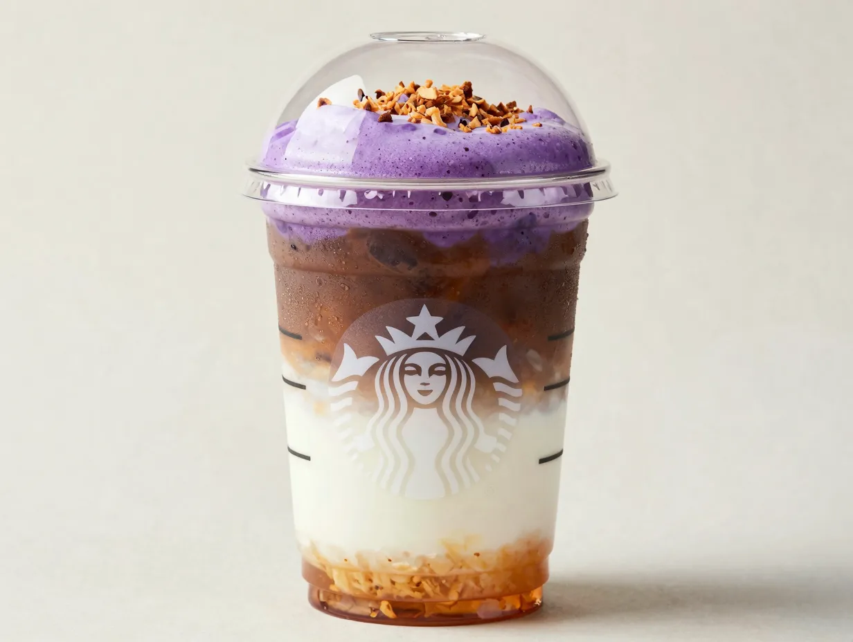 Layered iced ube coconut macchiato with purple foam and toasted shavings
