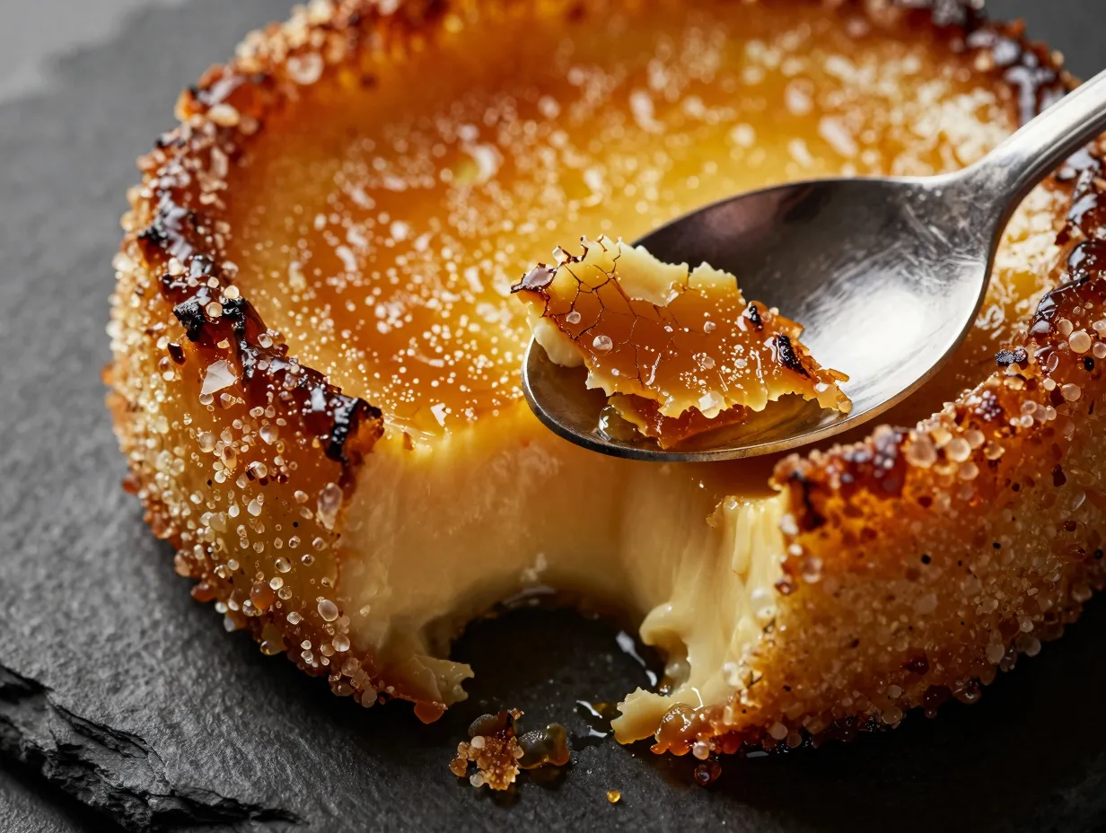 Crackled caramel sugar crust on a rich creme brulee dessert