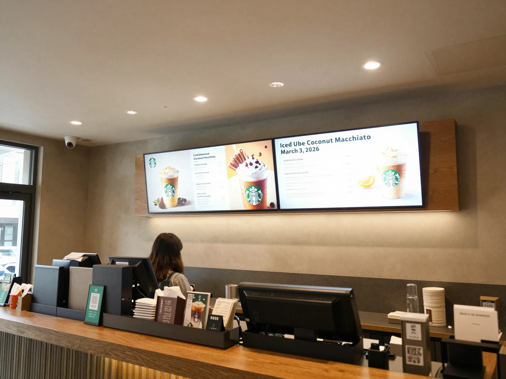 Starbucks interior with seasonal menu featuring march 2026 launch date