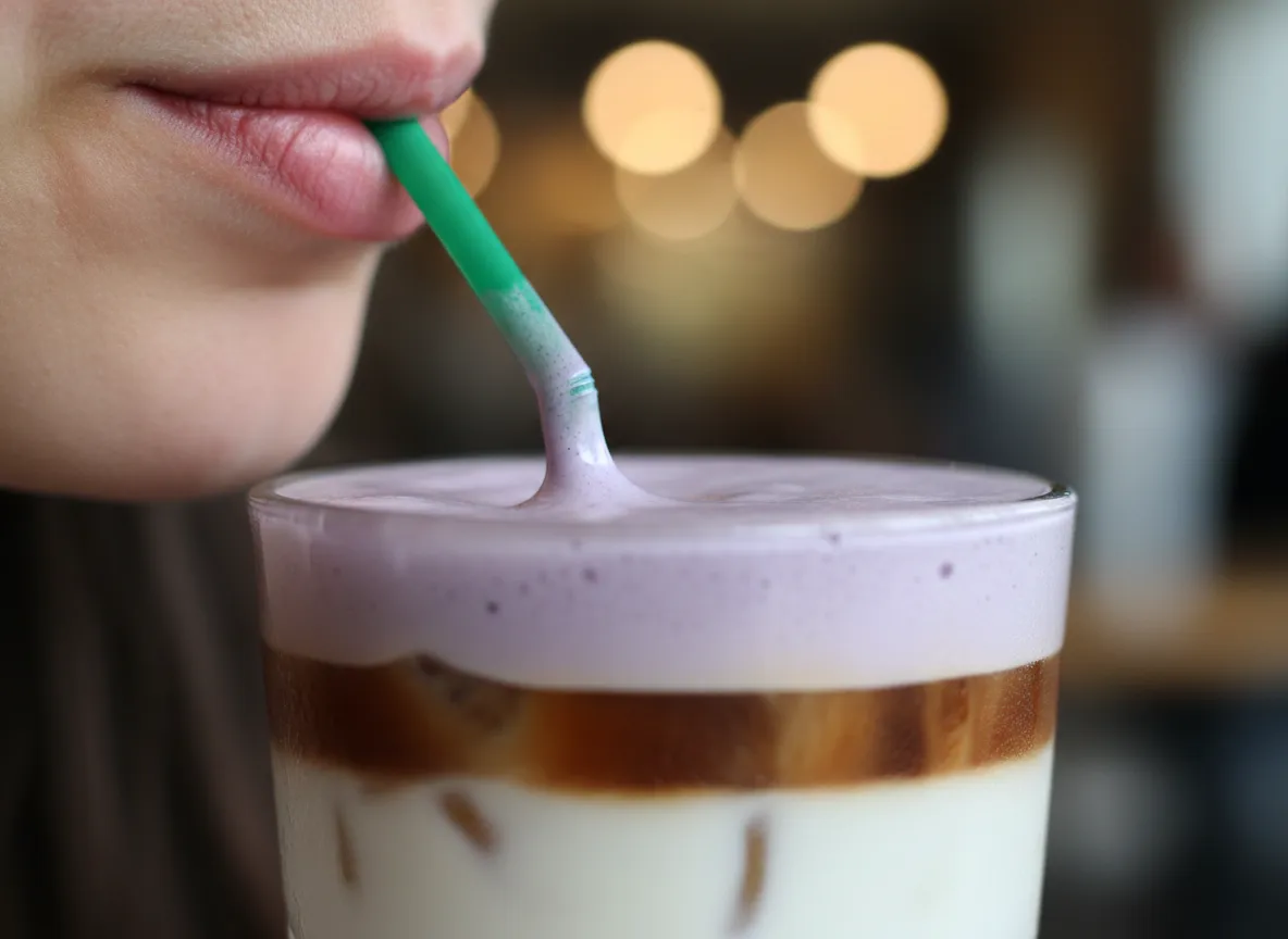 Sip of iced ube coconut macchiato showing balanced flavor integration