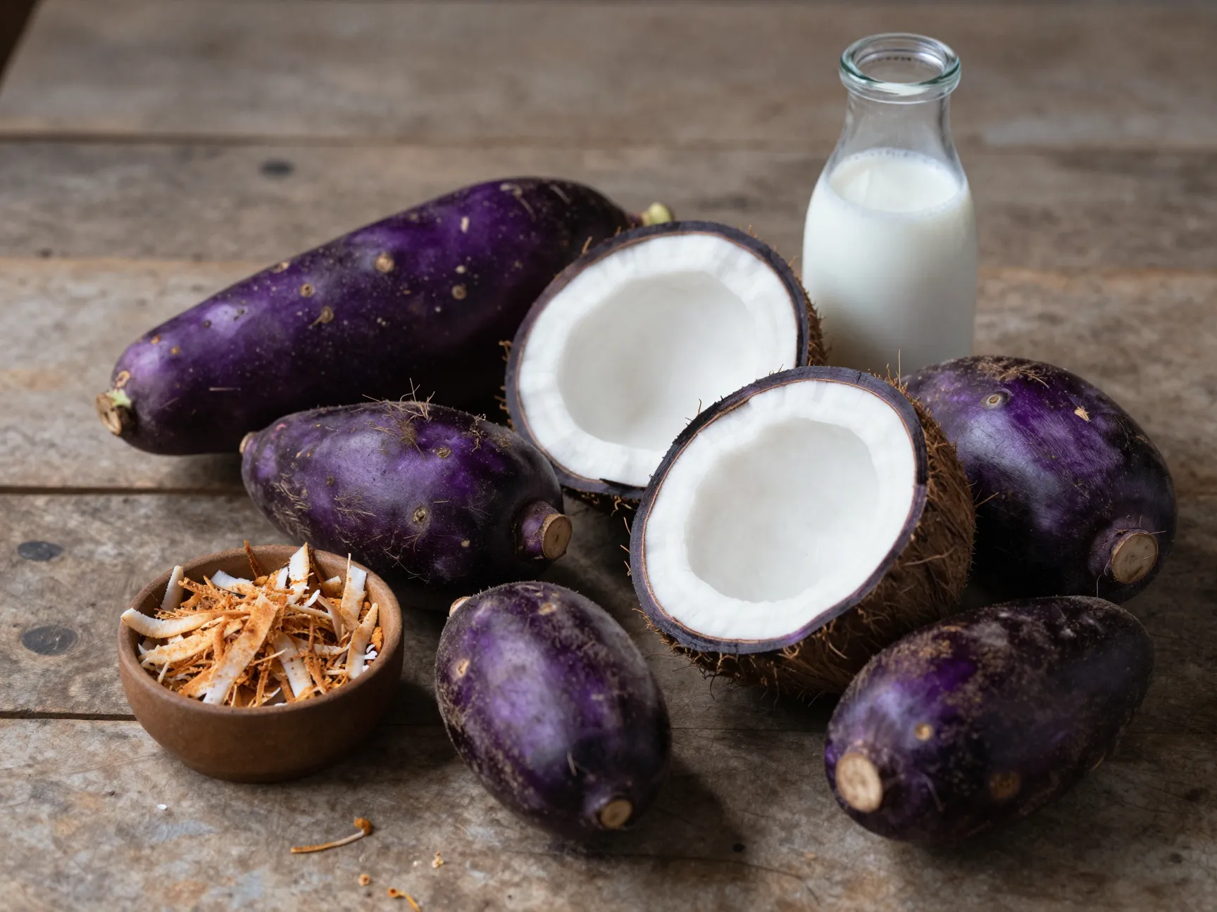 Fresh purple ube yam and coconut ingredients on rustic table