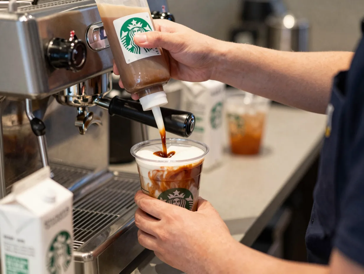 Barista customizing iced ube macchiato syrup pumps at counter