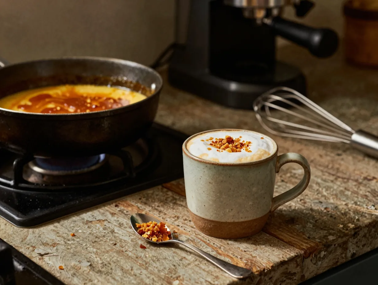 Homemade caramel brulee latte on a rustic kitchen counter recipe