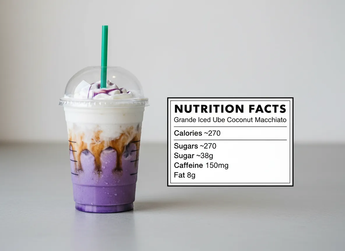 Nutrition facts label next to grande iced ube coconut macchiato