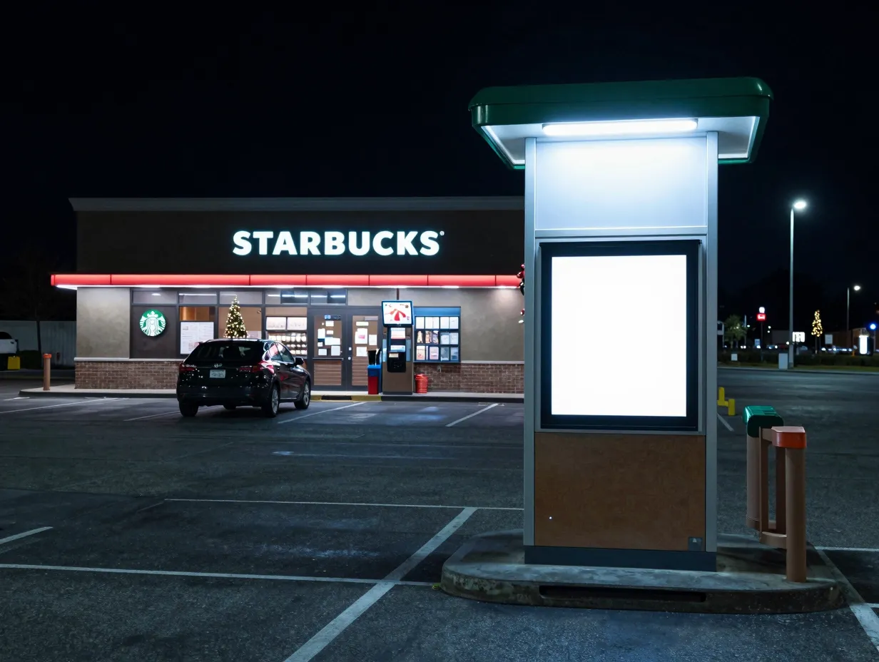 Holiday menu removal empty starbucks drive thru at night seasonal