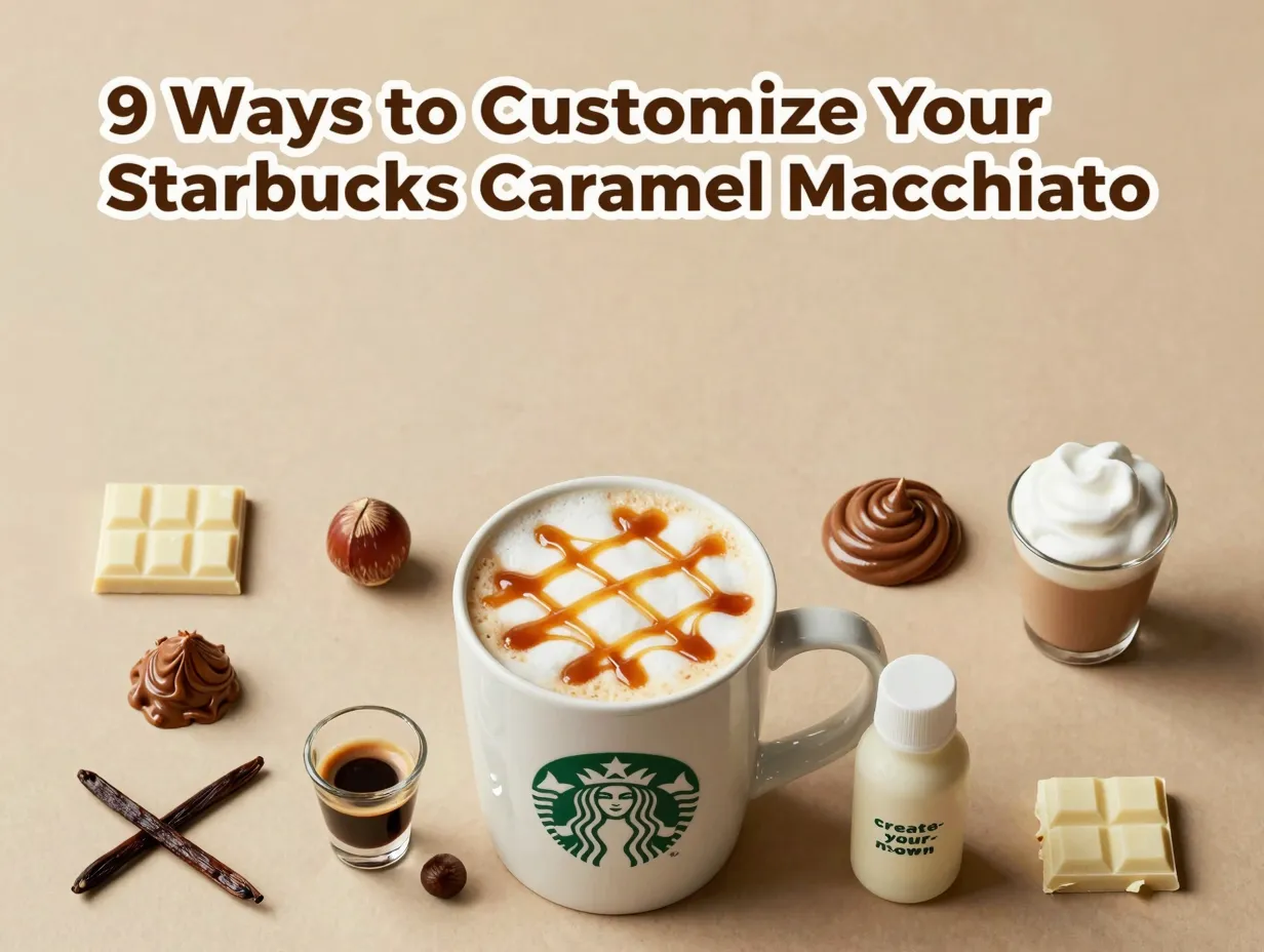 Caramel macchiato customization flat lay nine tokens mug