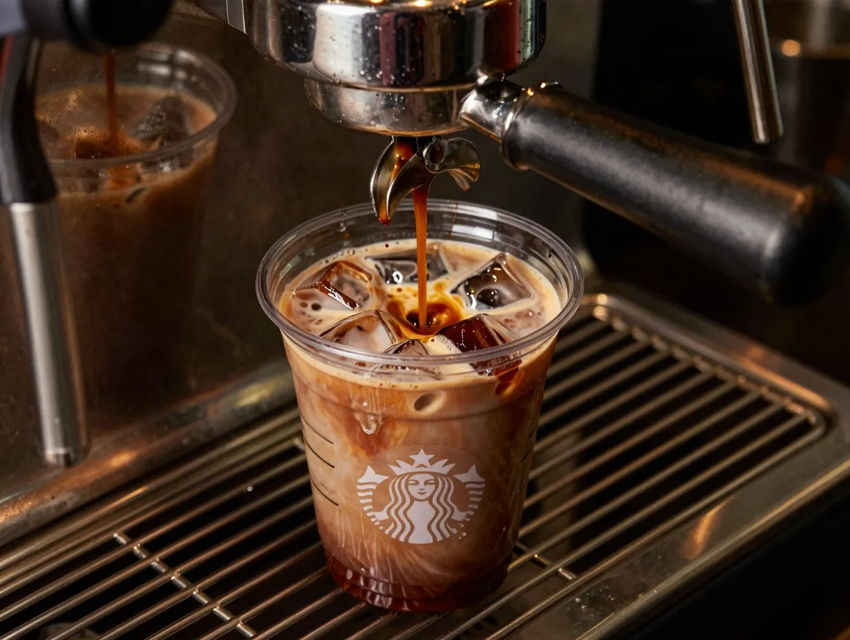 Iced dirty chai latte with a shot of espresso being poured