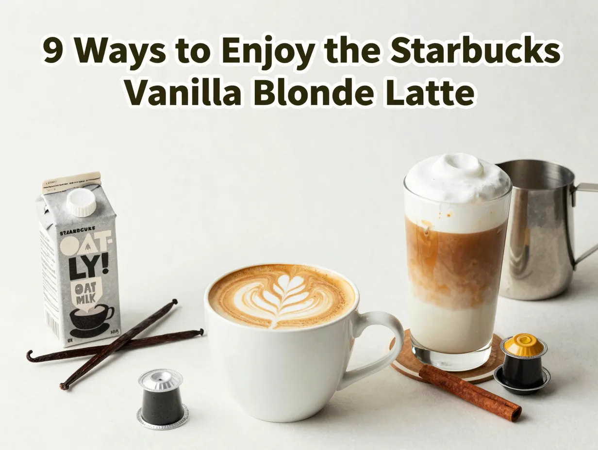 Flat lay hot iced vanilla blonde latte customization elements minimalist