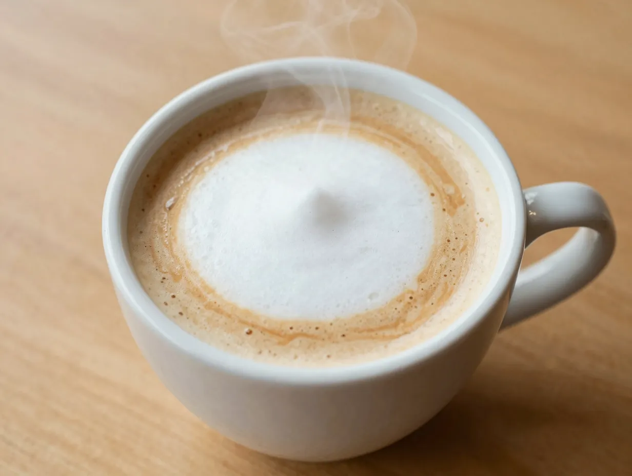 Classic hot blonde vanilla latte with steam and creamy microfoam in ceramic mug