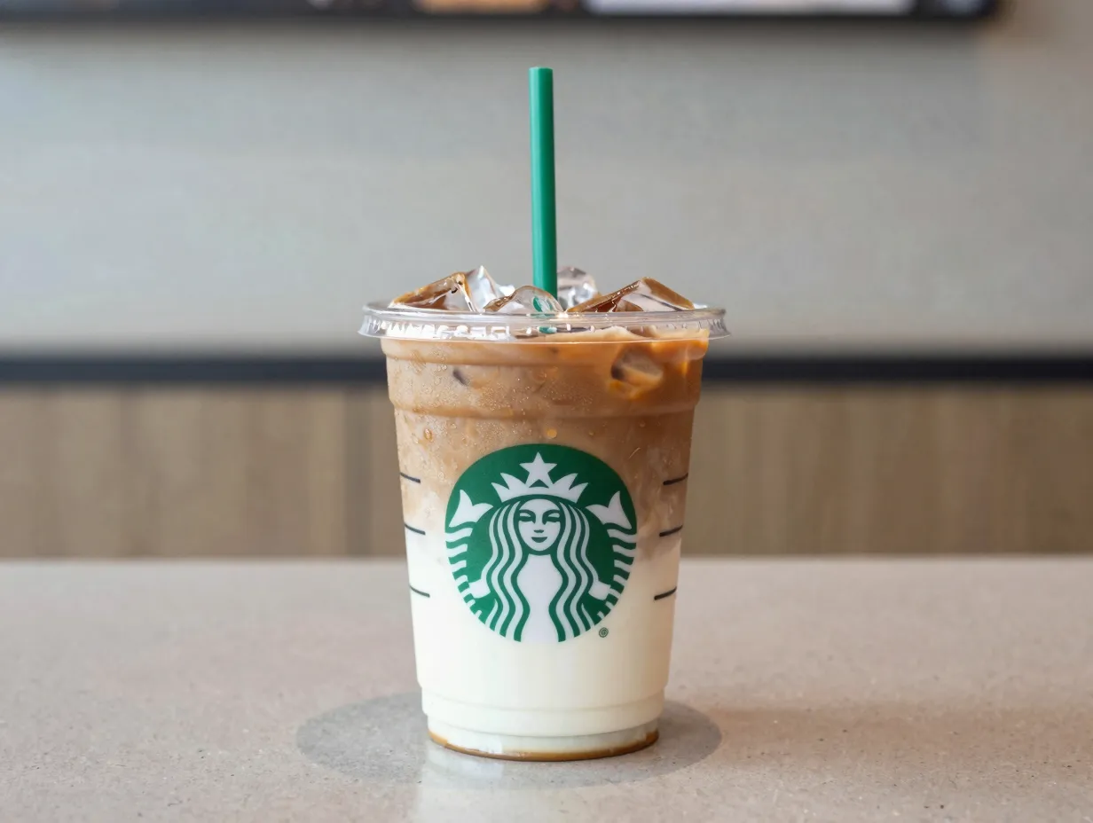 Iced vanilla blonde latte in clear plastic cup with ice and straw