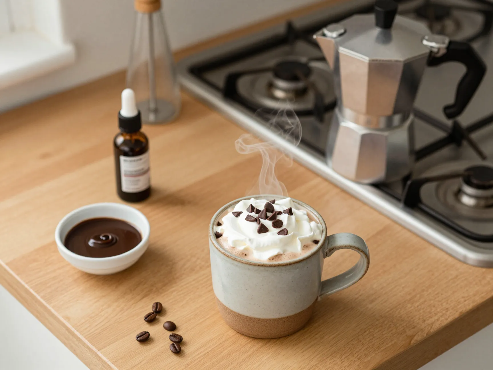 Homemade peppermint mocha coffee ingredients kitchen counter