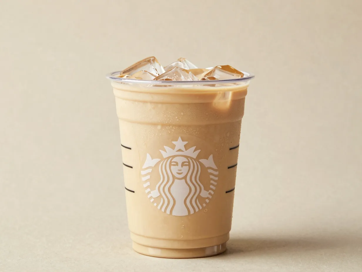 Iced oat milk vanilla blonde latte in clear cup showing creamy beige texture