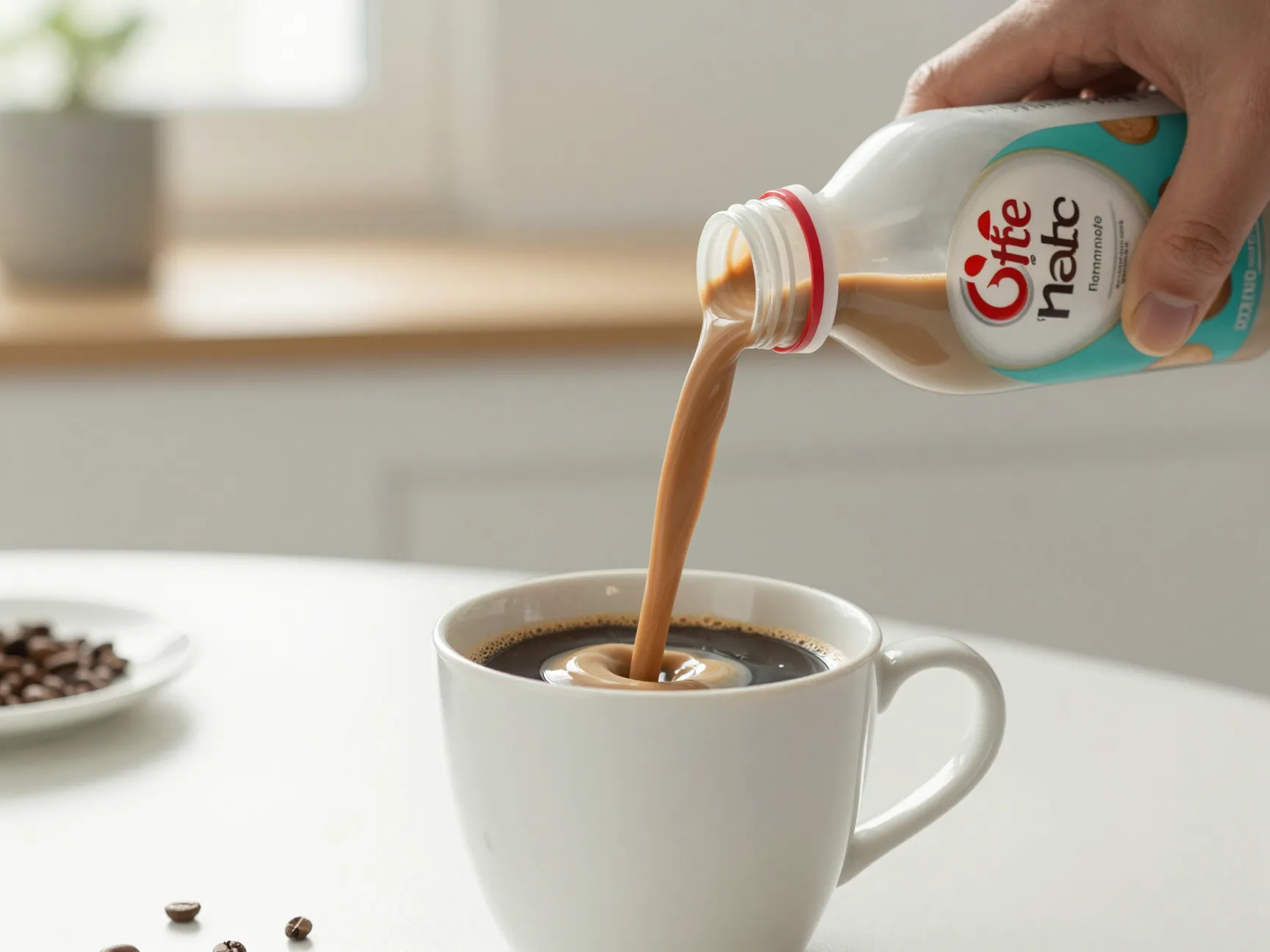 Peppermint mocha creamer poured into morning coffee mug