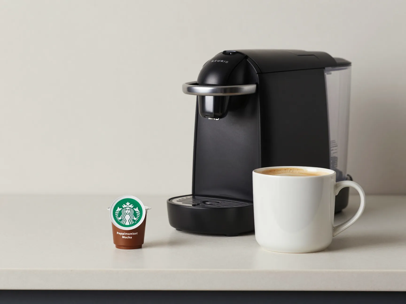 Single serve peppermint mocha coffee pod next filled cup