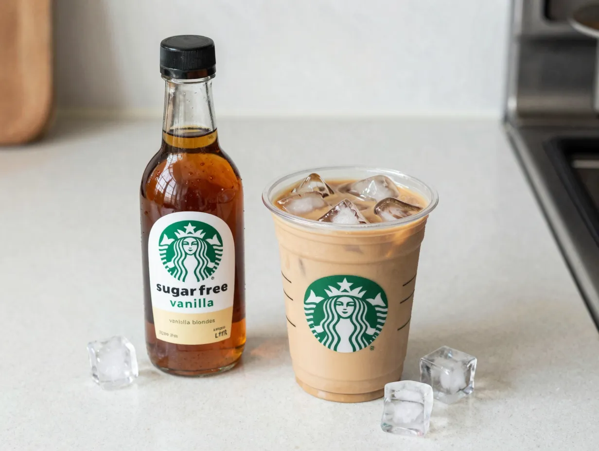 Sugar free iced vanilla blonde latte with clear syrup bottle beside cup
