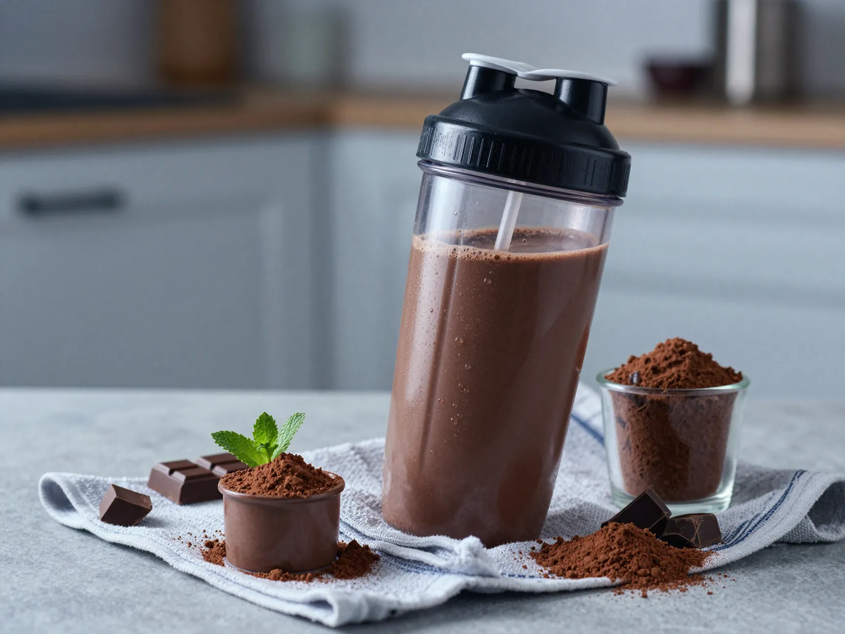 Chocolate peppermint protein shake blender bottle after workout
