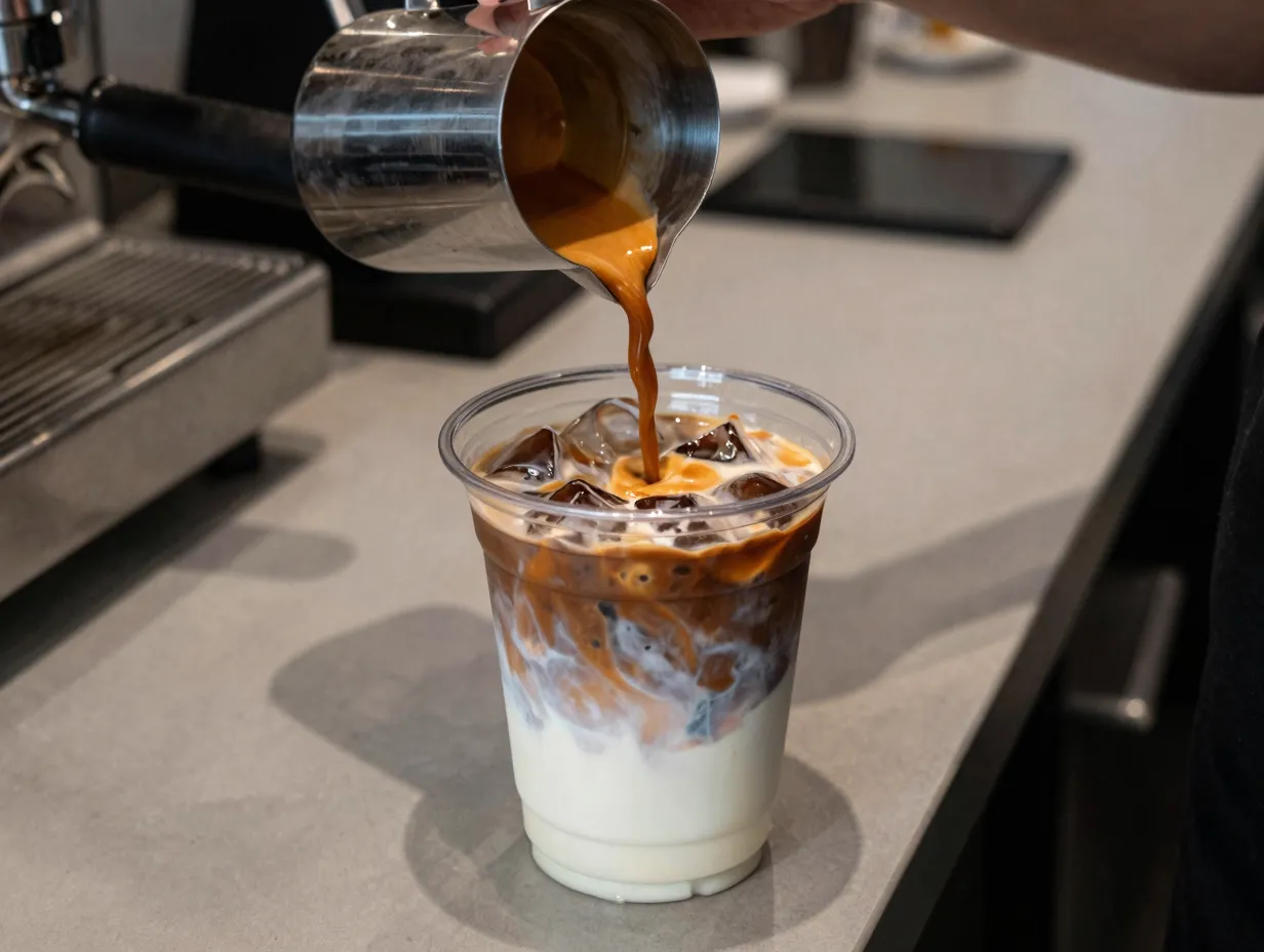 Extra shot iced blonde vanilla latte with three espresso shots being poured