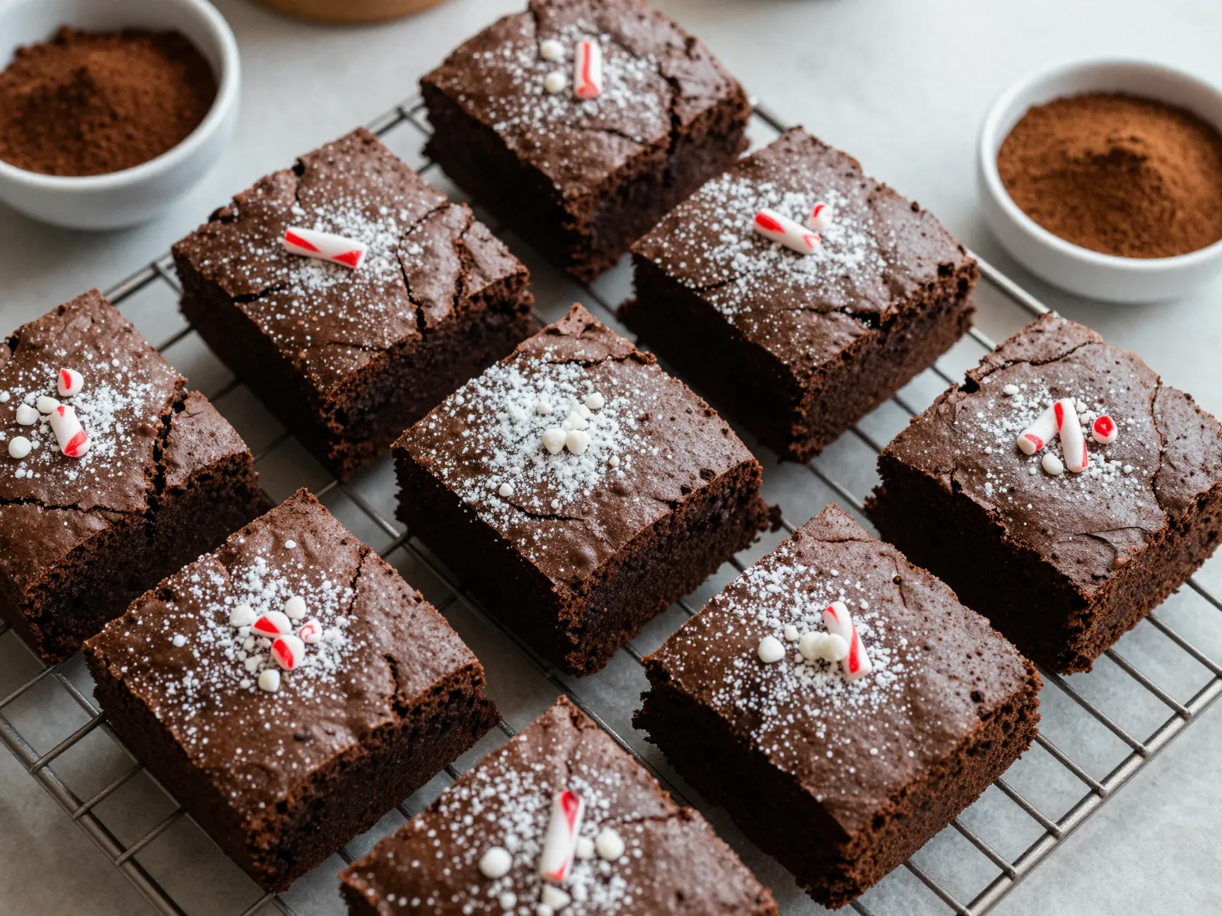 Freshly baked peppermint mocha brownies cooling rack