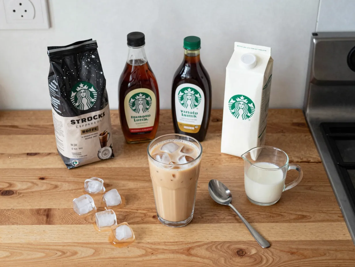 Homemade iced blonde vanilla latte with ingredients on kitchen counter
