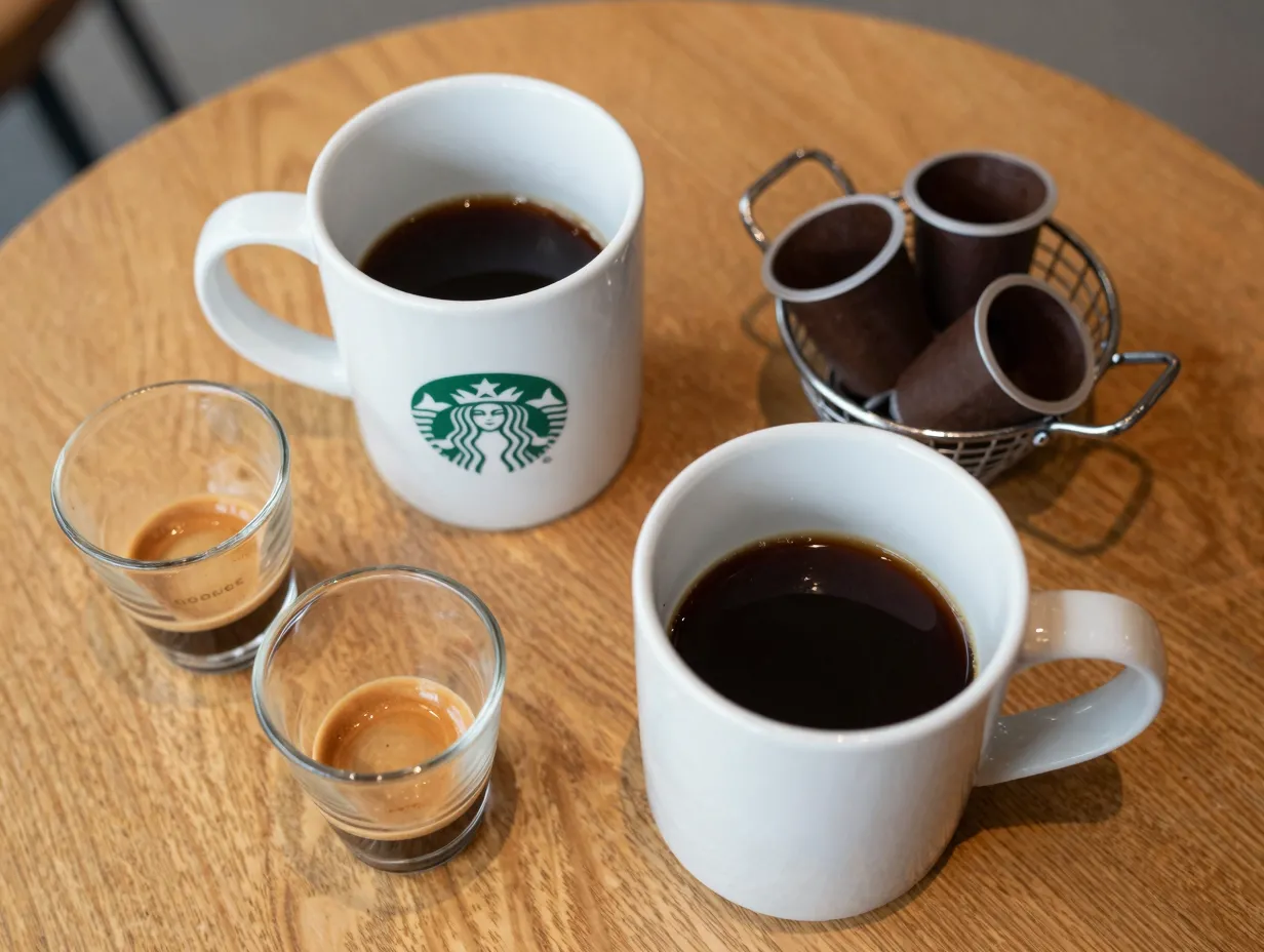 Triple espresso with hot water in a ceramic mug on a cafe table