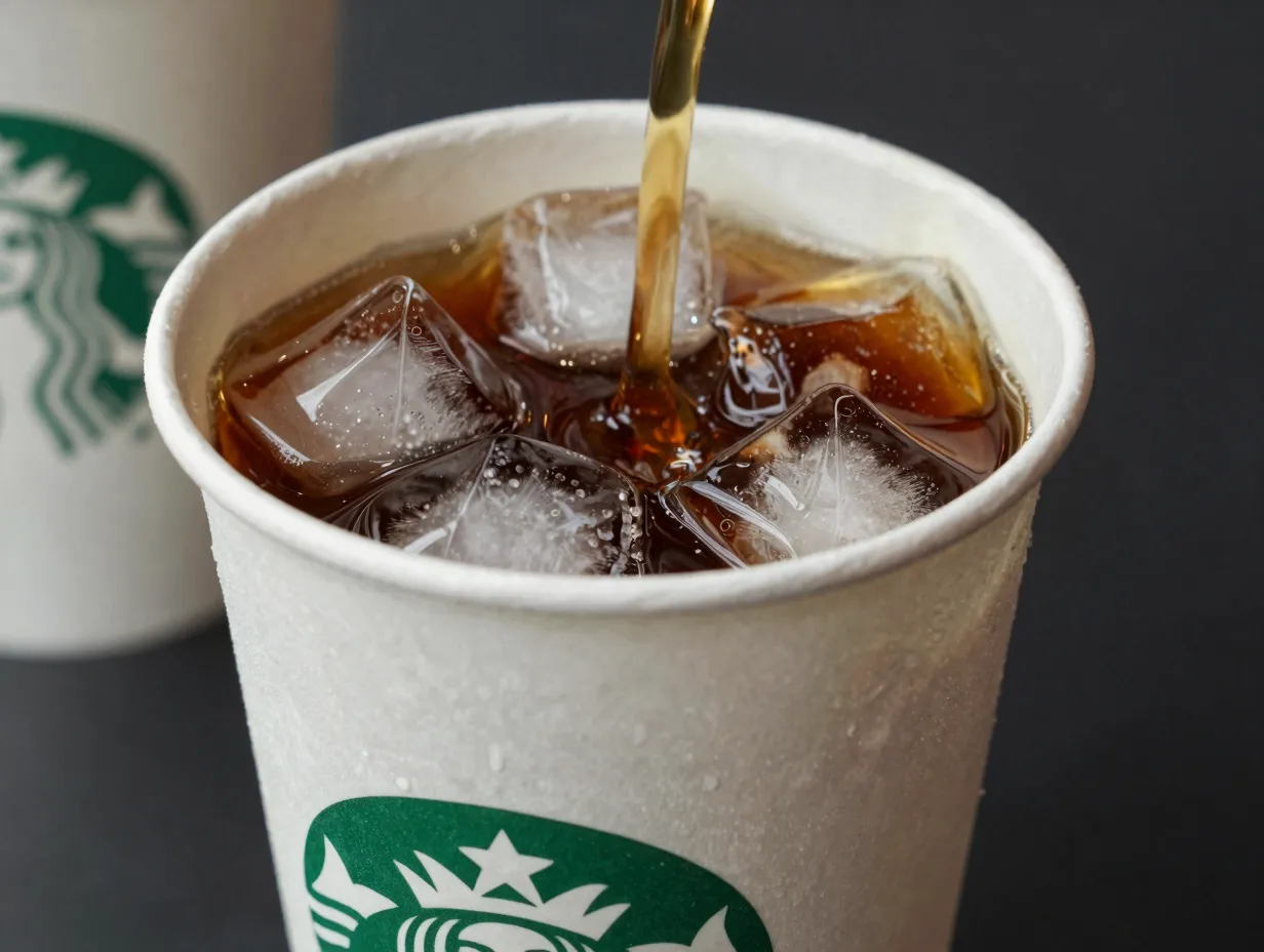 A paper cup americano with melting ice cubes cooling it down