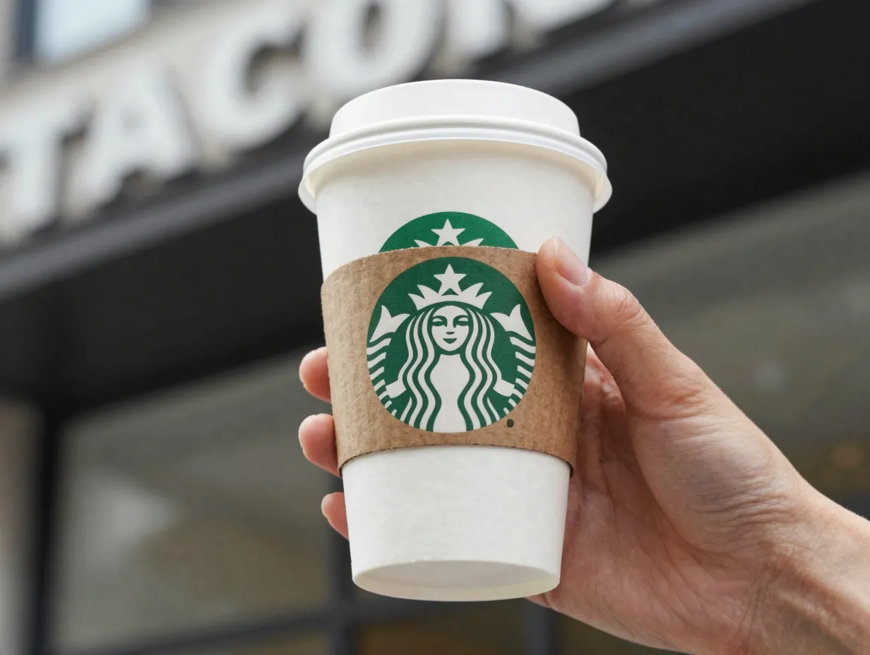 A hand holding a paper cup americano with a cardboard sleeve