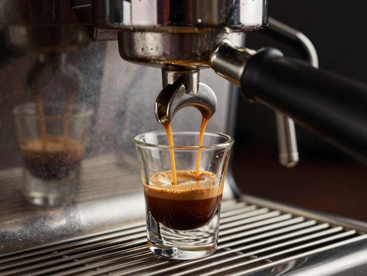 Ristretto espresso shots being pulled into a glass shot glass