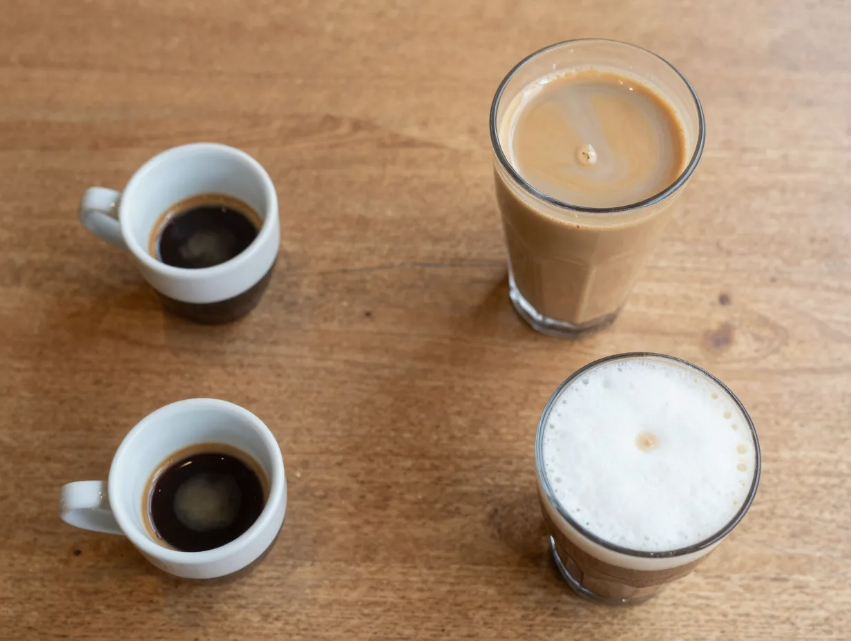 Two identical espresso shots beside latte and cappuccino cups