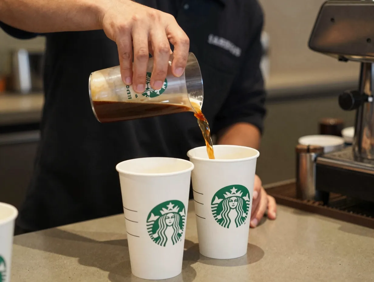 A barista pouring a venti americano into two tall paper cups