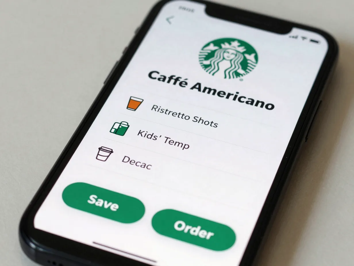 A smartphone screen displaying a customized starbucks app order