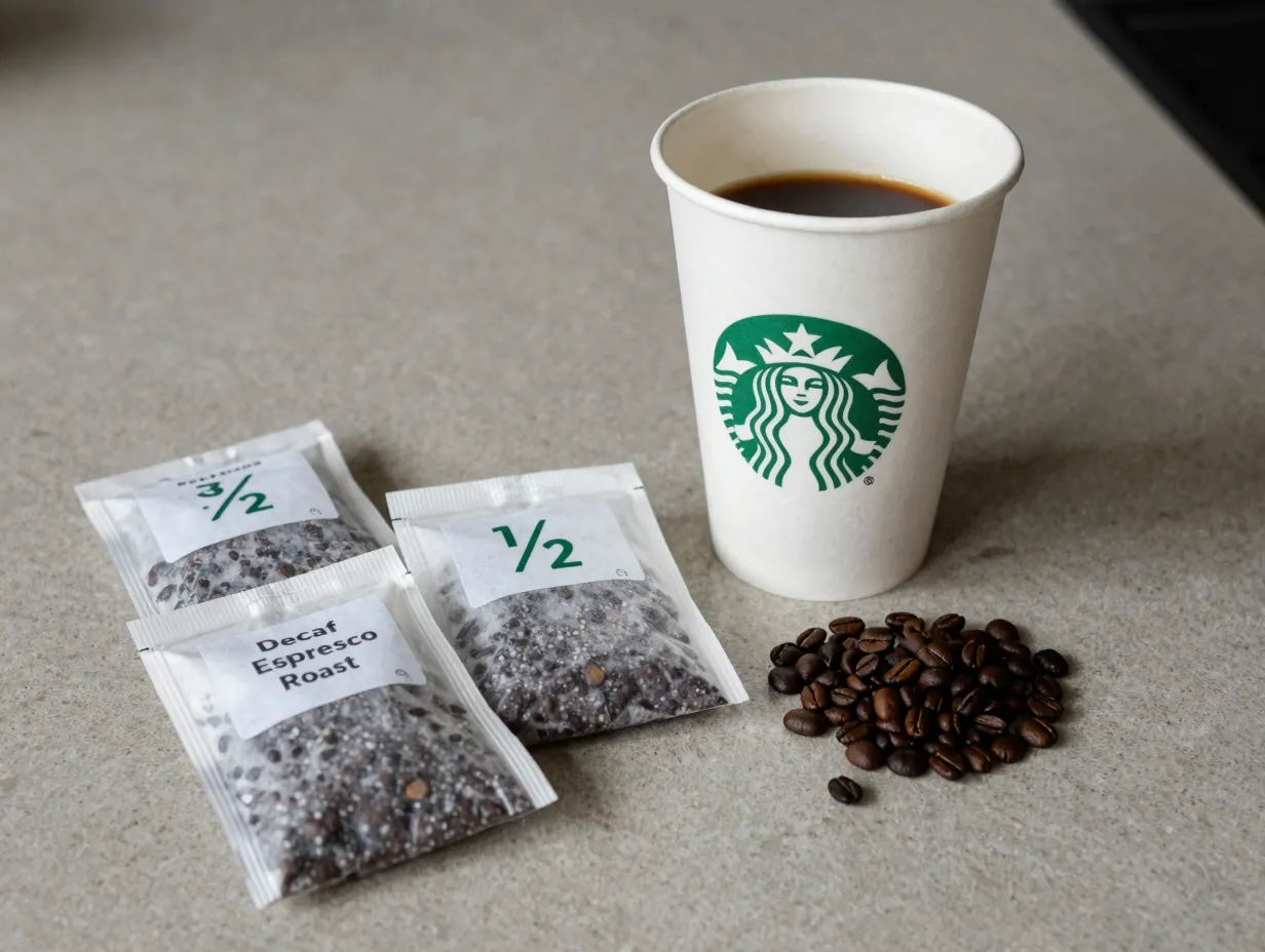 Paper cup with half caf and decaf espresso bags on a counter