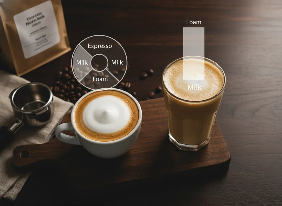 Comparison of 1 1 1 cappuccino and milky latte with foam ratio diagram