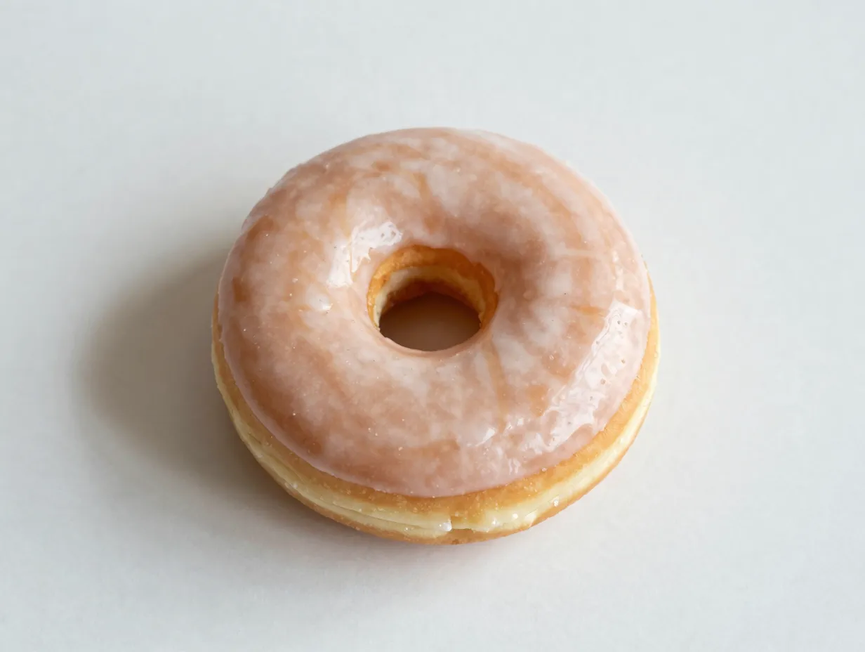 Single glazed donut on white counter with light sugar glaze