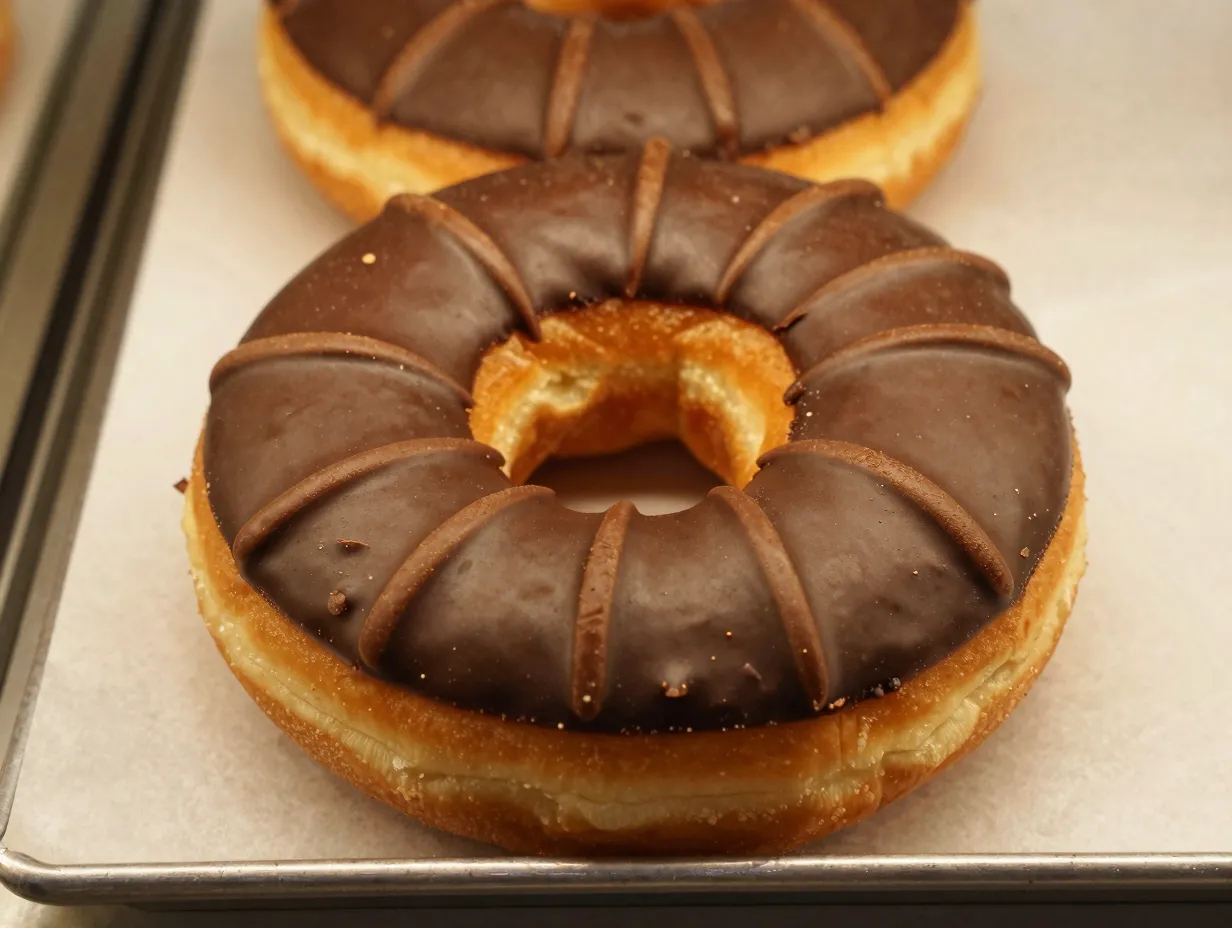 Chocolate dipped ridged french cruller on bakery display