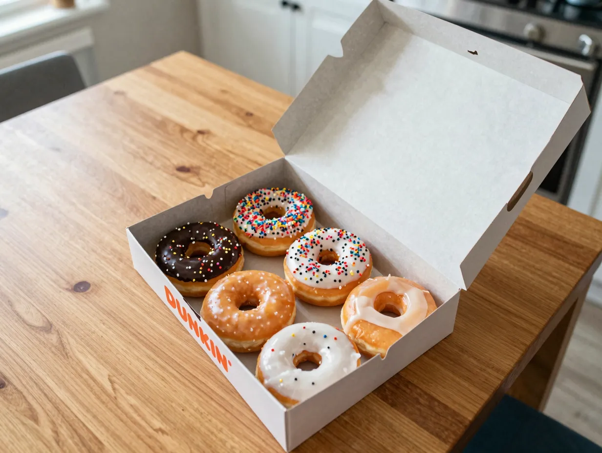 Open half dozen box with assorted donuts on kitchen table