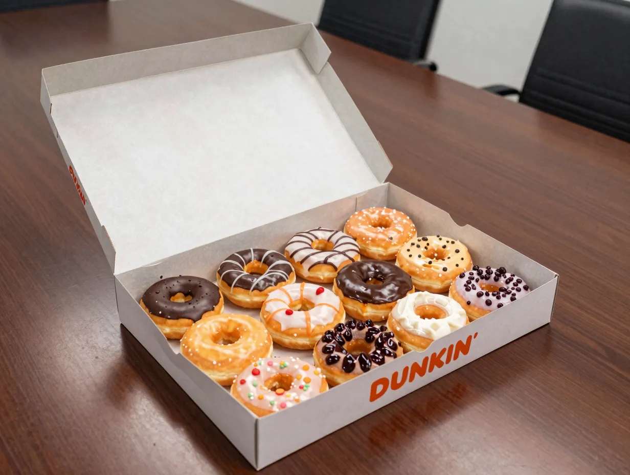 Large open box with twelve colorful donuts for office meeting