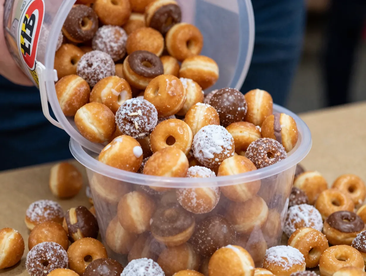 Reusable bucket overflowing with assorted munchkins donut holes