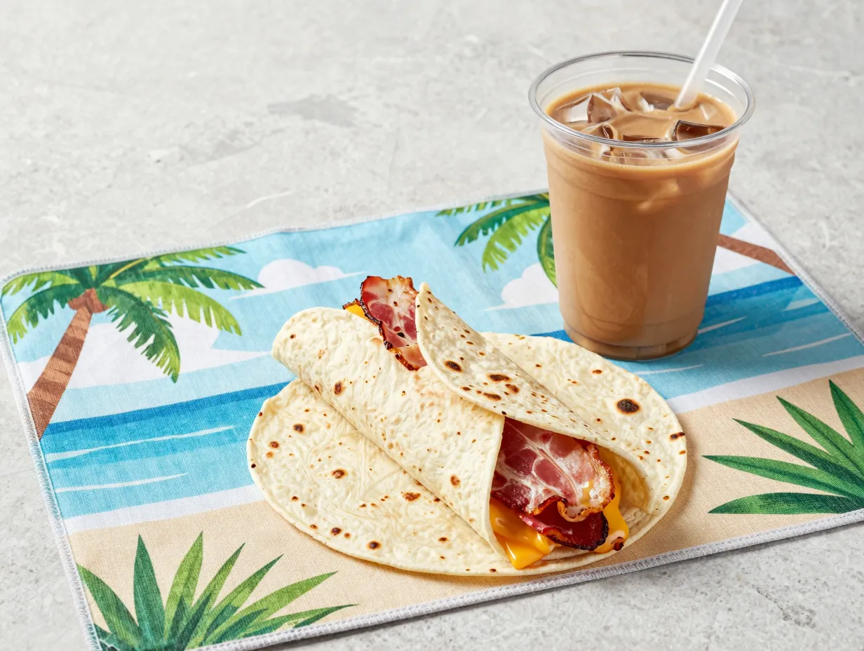 Bacon wake up wrap with coffee on summer morning placemat