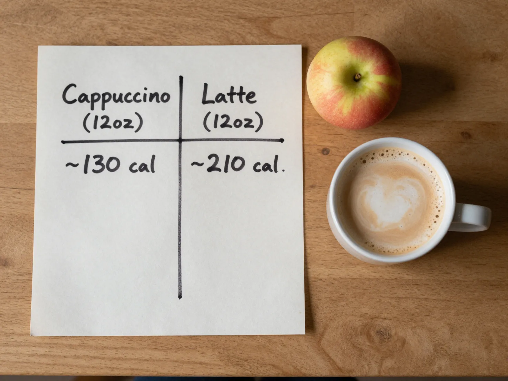 Calorie chart comparison for cappuccino and latte with whole milk