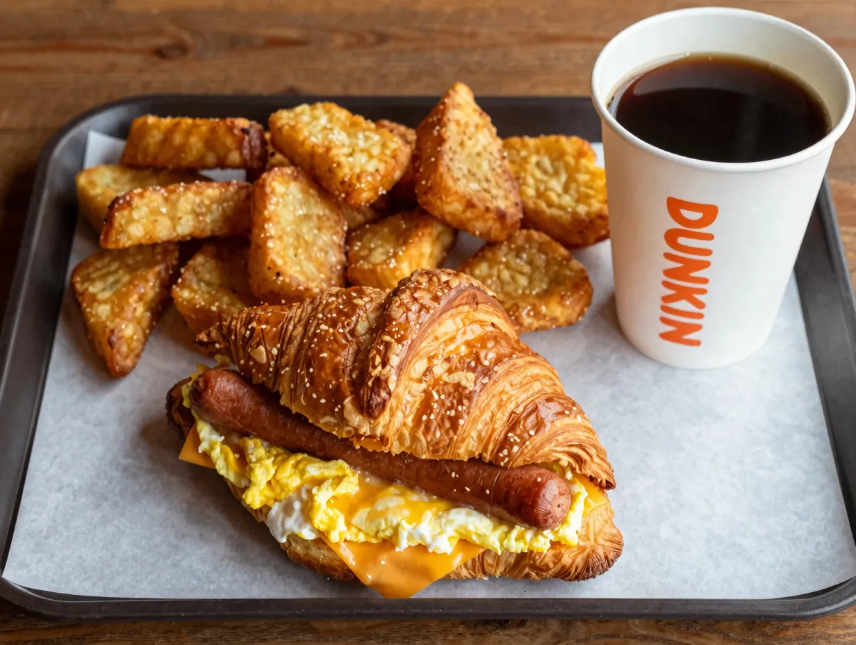 Sausage egg and cheese croissant sandwich with hash browns coffee