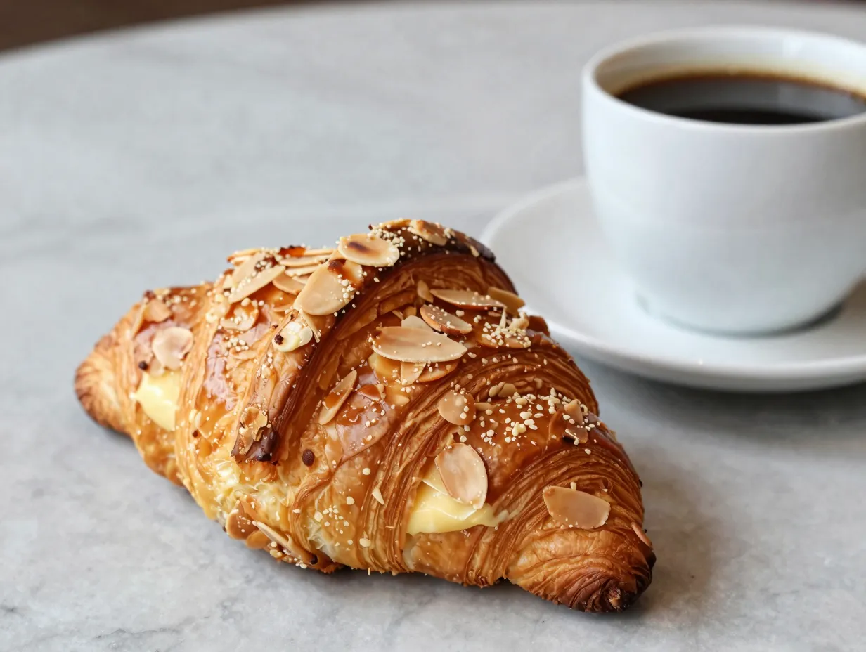 Almond croissant with sliced almonds next to coffee cup