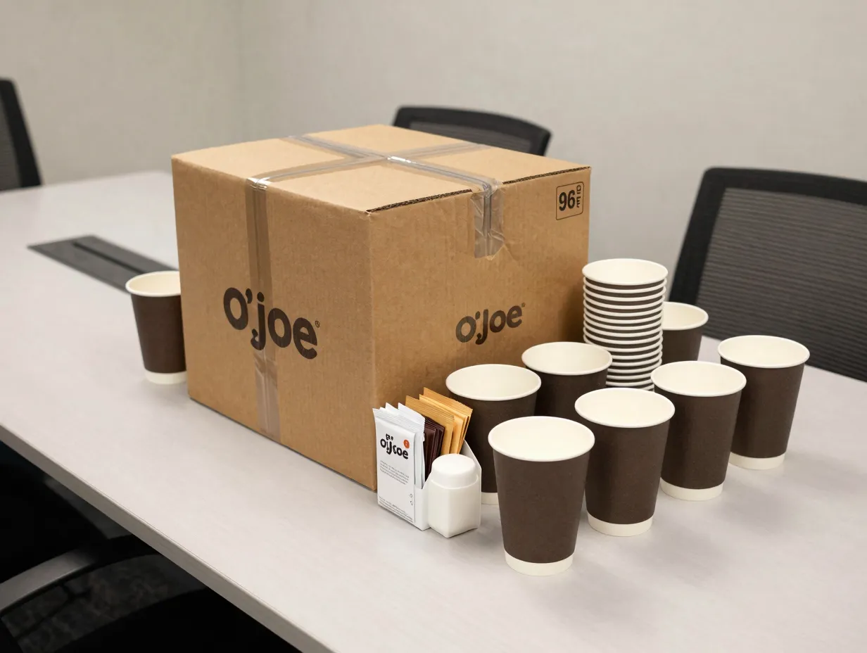 Box o joe coffee box with cups and packets on office table